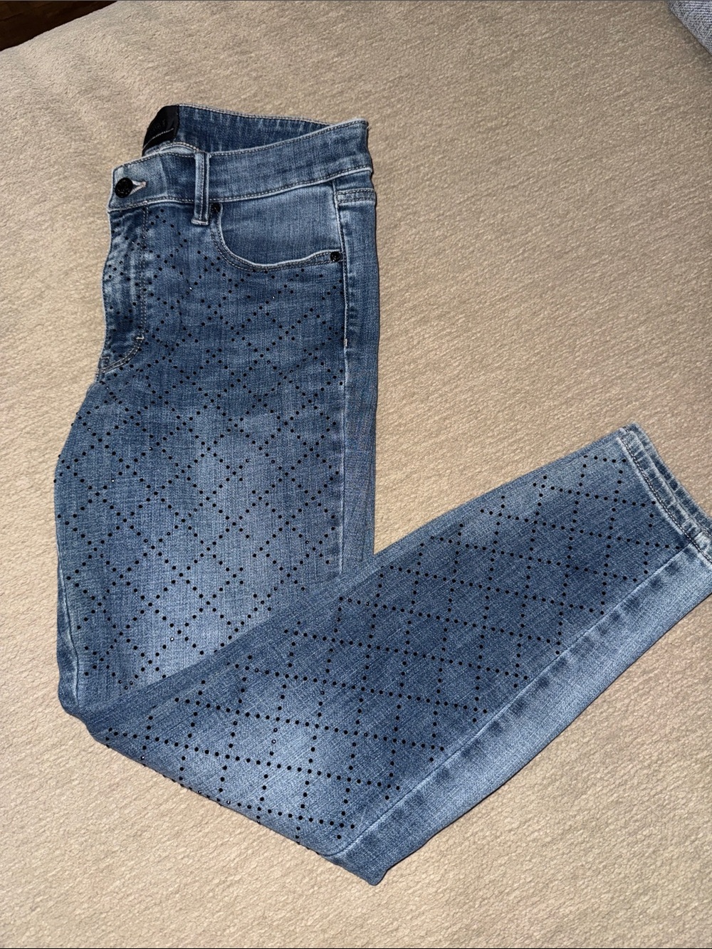 White House Black Market Blue Cropped Diamond- Jeans (black rhinestones)